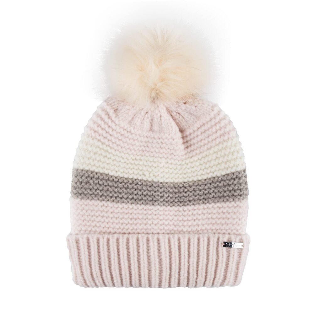 5029 Striped Beanie with Fur Pom, Pink, One Size